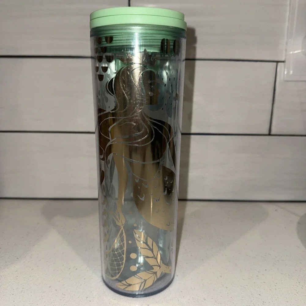 Starbucks Mermaid Siren Green Gold Clear 2020 Cold Cup 16 oz Insulated EUC
